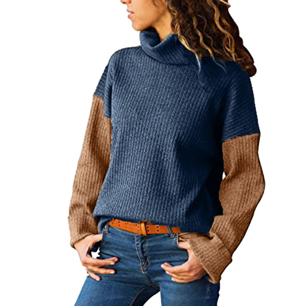 Jaycosin Модный повседневный женский свитер с длинным рукавом, свободный цвет, вязаный свитер с высоким воротом, стильный удобный элегантный облегающий Топ