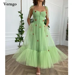 Verngo 2021 Jade Green Tulle A Line Prom Dresses With Cherry Straps Tied Bow Formal Party Gowns Ankle Length Homecoming Dress