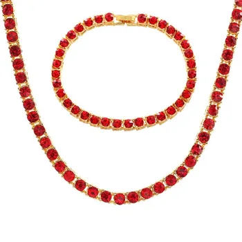 

new 1Row Tennis Chains choker Necklace & Bracelet Colorful Red Black Blue Rhinestones gold Color Hiphop Mens Jewelry Set