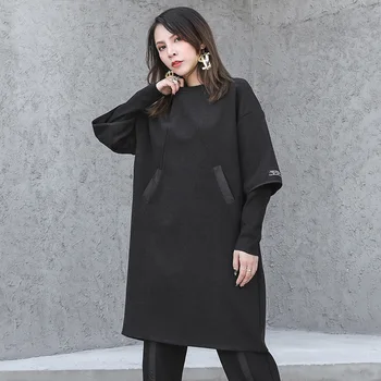 

LANMREM 2020 New Spring O-neck Solid Color Mid-length Dress Women Streetwear Loose Casual Fashion Dress Tide PD052