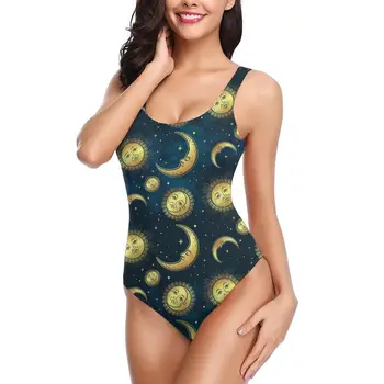 

Swimwear Women One Piece Boho Chic Gold Celestial Bodies Moon Sun And Stars Blue Night Sky Bathing Suit women