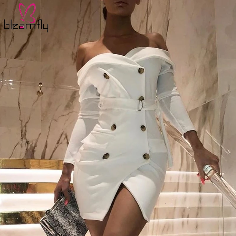 Зима-осень, белое элегантное офисное платье для женщин, двубортный блейзер с разрезом, платья для девушек, сексуальный клубный костюм, платье - Цвет: beige