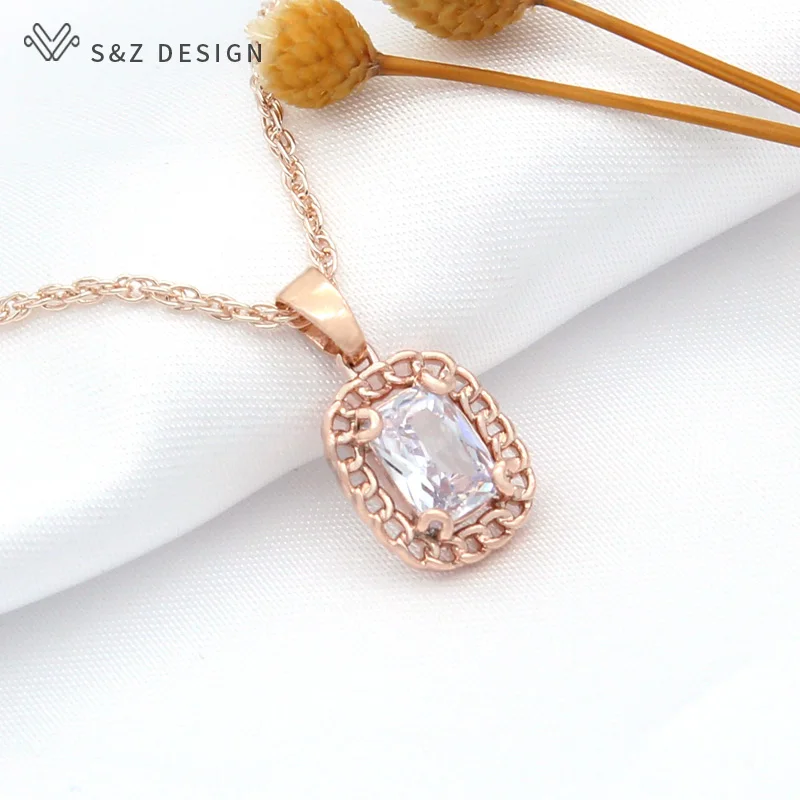 S&Z DESIGN New Cute Square Cubic Zirconia Dangle Earrings Jewelry Sets For Women Party Fashion Pendant Anti-allergy Necklace