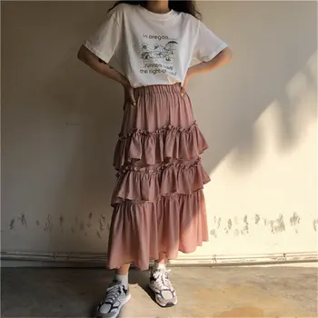 

HziriP Sweet Pink Gentle High Waist Girls All-Match Hot 2020 Streetwear Chic Solid Loose Elastic Waist Women Long Cake Skirts