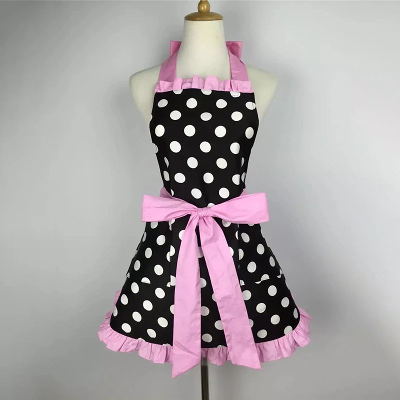 Lovely Sweetheart Retro Kitchen Aprons for Woman Girl Cotton Polka Dot Cooking Salon Pinafore Vintage Apron Dress Christmas Pink