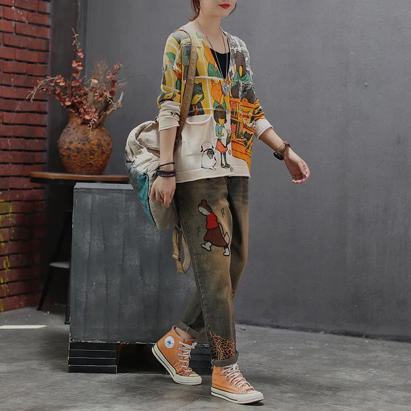Knitewear Mori Girls Harajuku милый костюм с рисунком героев из мультфильмов, свитер с принтом Однобортный V образным вырезом кардиган с карманами женская верхняя одежда на осень, топы