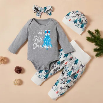 

My First Christmas Tree Cotton Bodysuit Romper Newborn Baby Girl Clothes Winter Pants Headband Beanie Cap Toddler Girls Clothing