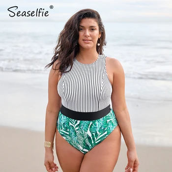 

SEASELFIE Plus Size Striped and Leafy Print One Piece Swimsuit Women Large Sexy Backless Monokini Bathing Suit 2020 Beach Swimwe