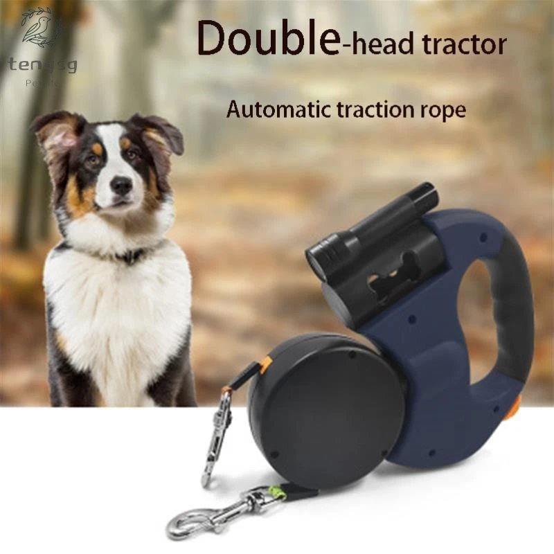 

Pet retractable double-ended traction rope with one tow two with LED lights with garbage bag dispenser traction rope pet supplie