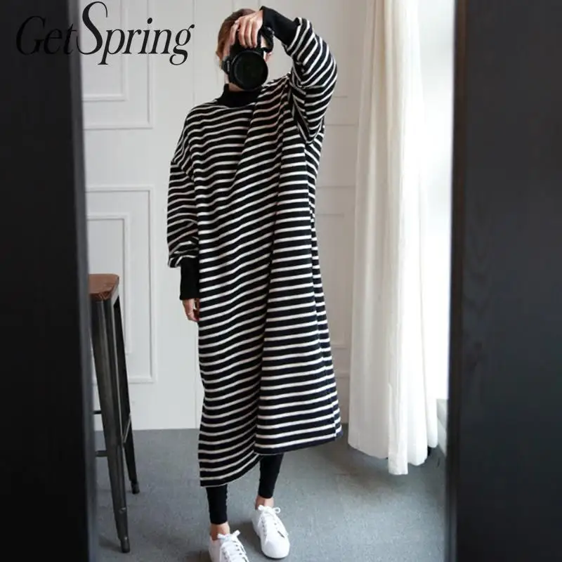 

GETSPRING Women Hoodies Sweatshirt Long Seeve Pullovers Thicken Long Women Sweatshirts Stripe Color Matching Sweatshirts Dresses