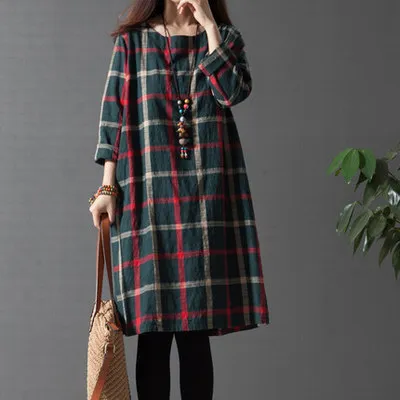 

2018 Spring And Autumn New Style Korean-style Large Size Dress Loose Retro Plaid A- line Skirt Crew Neck Cotton Linen Dress