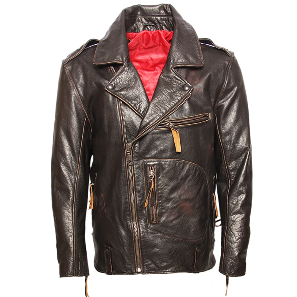 Классическая винтажная мотоциклетная кожаная мужская куртка из натуральной воловьей кожи, Мужская облегающая Байкерская зимняя куртка M446