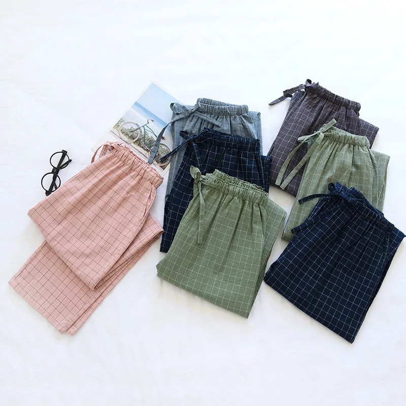 couple Washed Cotton Trousers Thin Men And Women Home Pants Elastic Waist Sleep Bottoms Plaid Lounge Pants Home Sleepwear 2021_ecoleips.com