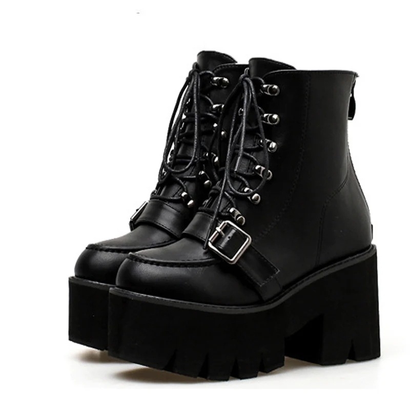 

TINGHON Lace up Platform Boots Women Buckle Strap High Heel Martin Boots Women Black Ankle Boots for Women Goth Boots