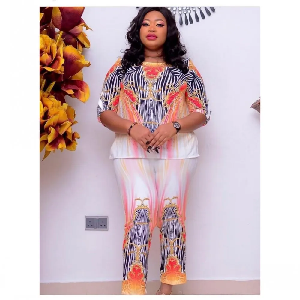 Spring  2021 New Collection Two Piece African Apparel Large Size Print Three-quarter Sleeve T-Shirt Top Nine Quarter Pants Set