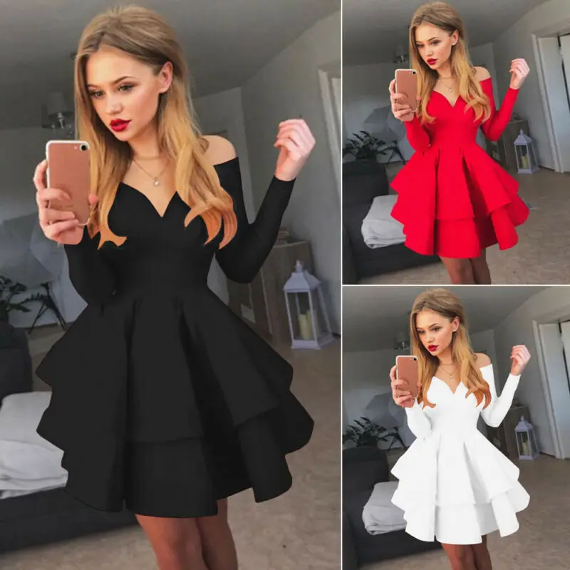Vintage Sexy Women Off Shoulder Long Sleeve Party Evening Formal Prom Ball Gown Mini Dress Females Slim Solid Spring Dresses | Женская