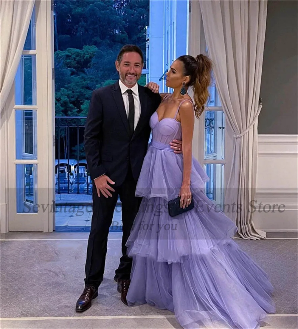 Sevintage Lavender A Line Tulle Prom Dresses Layered Skirt Evening Gowns Spaghetti Straps Bow Sash Women Formal Party Dress women prom dresses