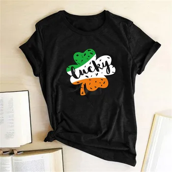 

Lucky Letter Print Tshirt Women St.Patrick's Day Plaid Clover Graphic Tshirt O Neck Short Sleeve TShirt femme 2020 Women Clothes