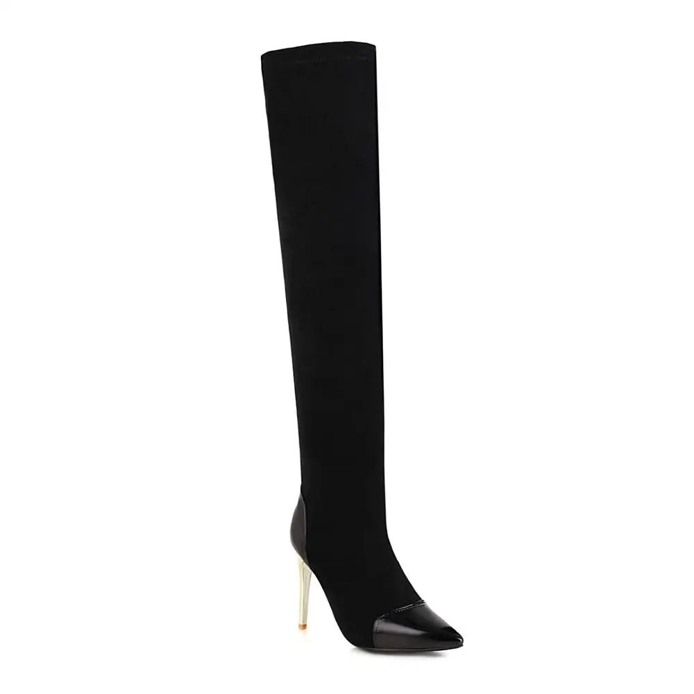 

Pointed Sexy Super High Heel Patent Leather Stitching Stretch Cloth Over The Knee Boots Metal Stiletto Nubuck Leather Boots
