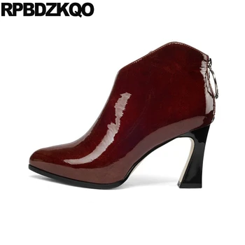 

booties women boots winter 2019 chunky autumn high heel block pointed toe handmade patent leather red faux fur shoes genuine