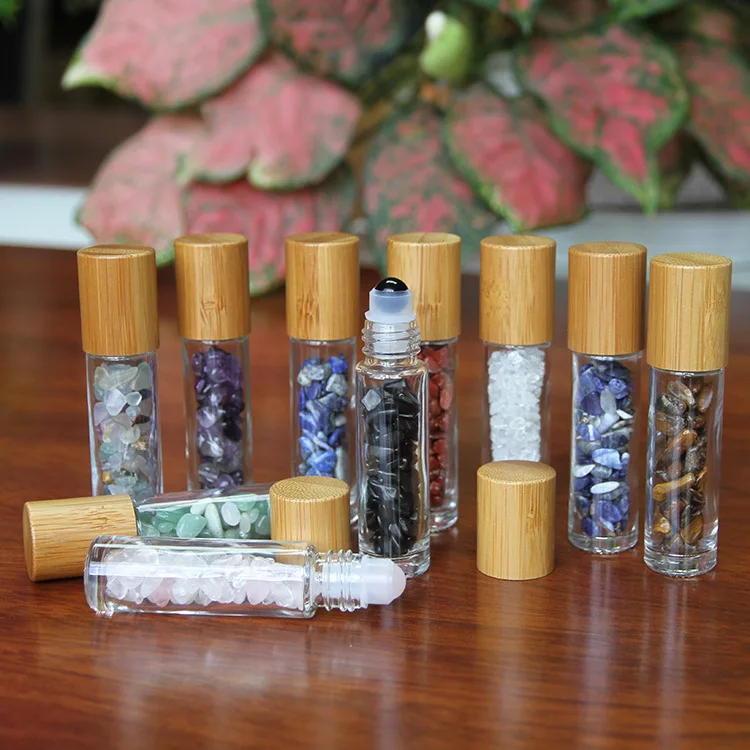 10ml Essential Oil Bottles Roll On Roller Ball Healing Crystal Chips Semiprecious Stones Bottles Refillable Bottle bamboo cap