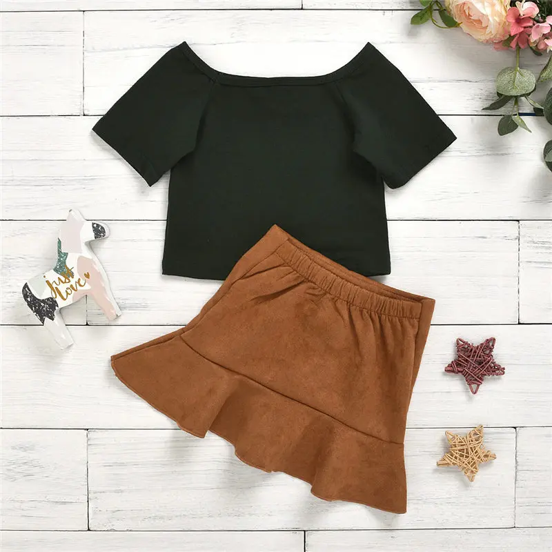 toddler kid girl clothes set black t-shirt brown skirt 2pcs summer outfit children clothes (3)
