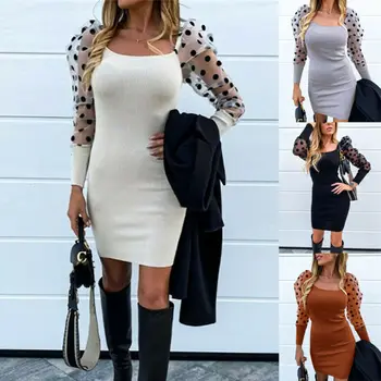 

Womens Mesh Puff Long Sleeve Mini Dress Ladies Casual Party Sexy Bodycon Dresses