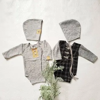 

0-24M Cute Baby Boy Girl Infant Bodysuits Clothes Cotton Button Plaid Print Jumpsuit Bodysuit+Hat Outfits