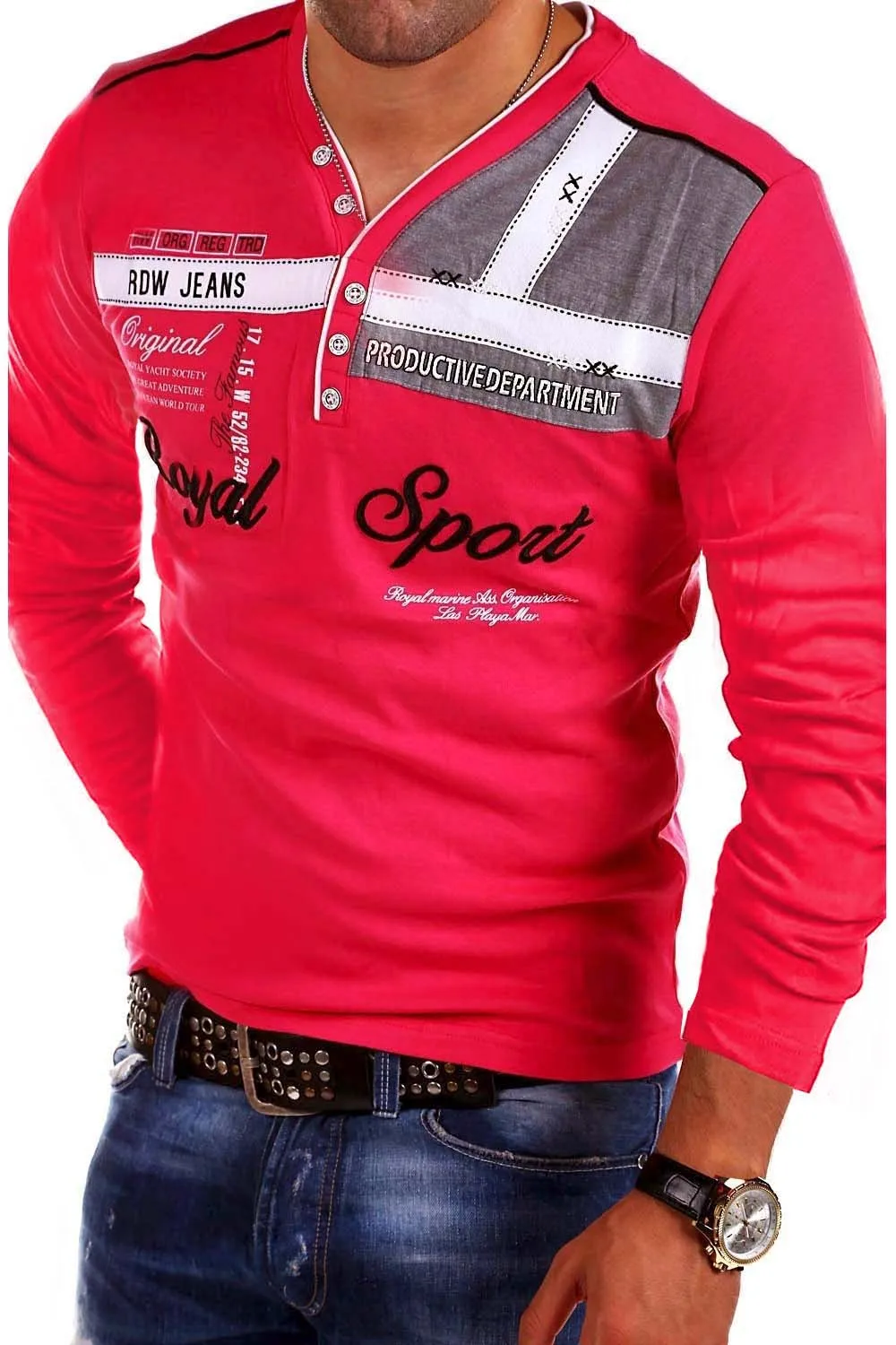 ZOGAA, мужская рубашка поло,, модная, индивидуальная, с длинными рукавами, рубашки поло, повседневные, хлопок, мужские, с принтом, повседневные топы, футболки - Цвет: Красный