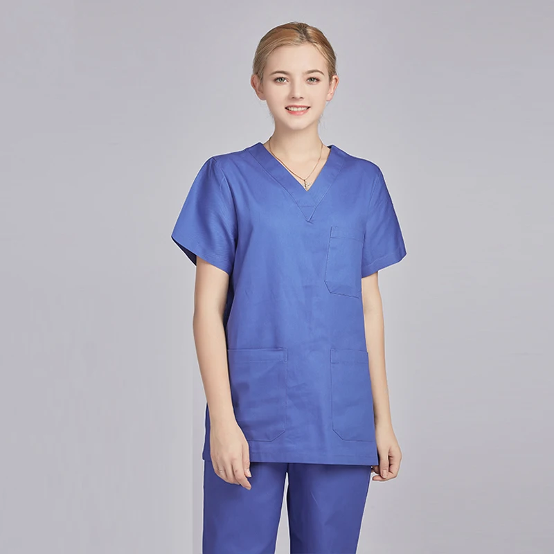 [Комплект] Классическая медицинская униформа из чистого хлопка с v-образным вырезом, одноцветные скрабы с короткими рукавами, боковое отверстие, рабочая одежда для больниц, одежда для ветеринара - Цвет: blue set