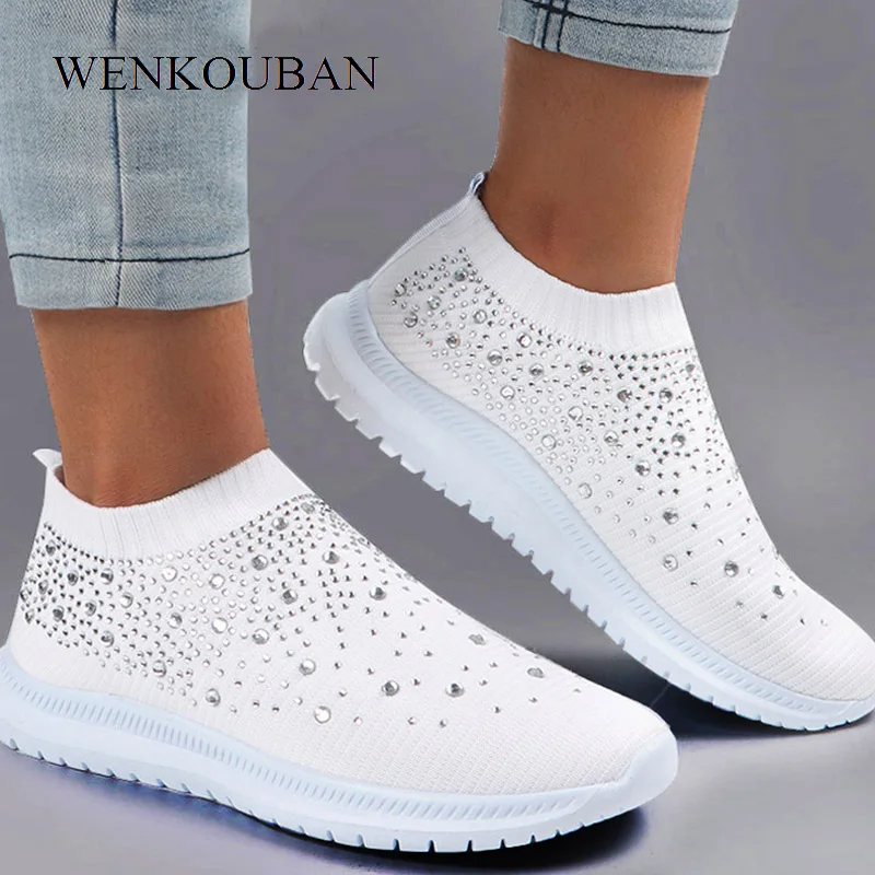 Sock Shoes Basket White Sneakers Slip-On-Flats Crystal Ladies Trainers Casual Women Femme