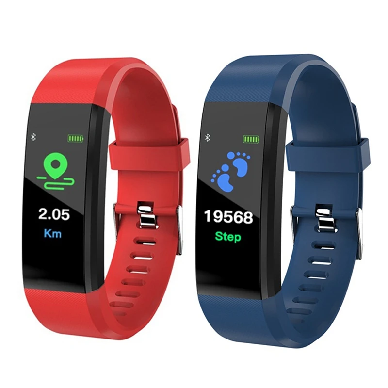 

2 Pcs 115Plus Smart Bracelet Fitness Tracker Step Counter Smartband Anti-Lost Call Reminder for Android IOS(Red) & (Blue)
