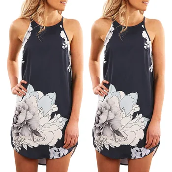 

Womens Sexy Leisure Sling Flower Printing Loose Waist Sleeveless Short Dresses