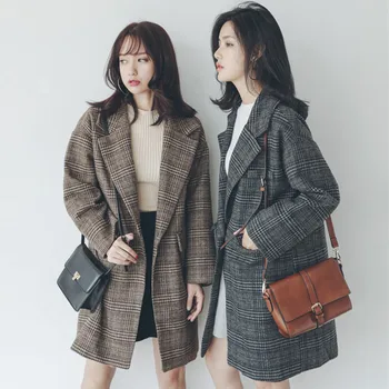 

New Autumn Winter Women Coats Plus Size Fashion Casual Loose Single Button Plaid Woolen Blends Coat For Women Larger Outerwear