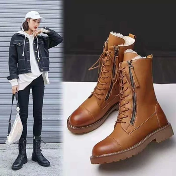 

2020 New Women British Style Fashion Snow Boots Punk Low Heel black Boot Women Shoe Lace-up Winter Motorcycle Boots Botas Mujer