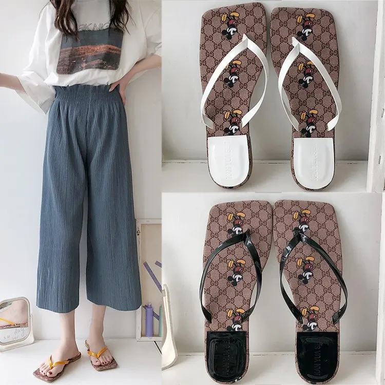 

2020 women's shoes new square head fashion casual clip toe flip flops female flat beach shoes