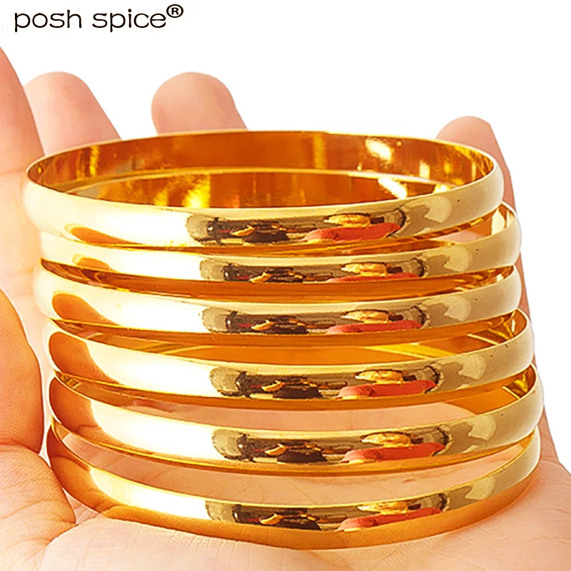 

6mm 6PCS Europe Bangles for Women Ethiopian Dubai Gold Bangle Bracelets Middle East Arabia African Israel Wedding Jewelry Gift