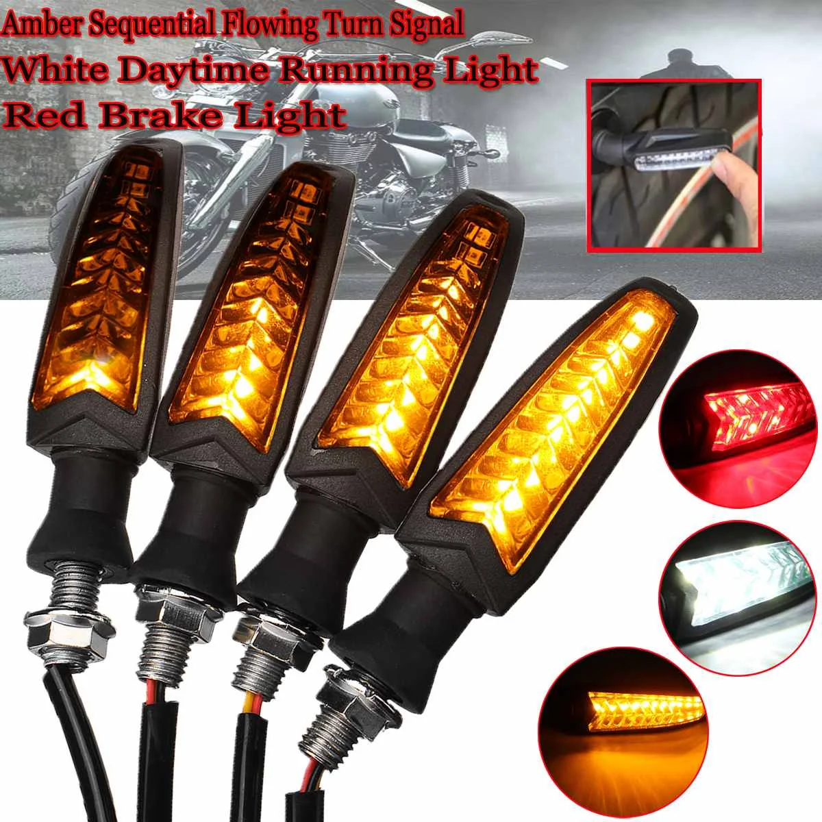 

4PCS Motorcycle LED Flowing Turn Signal Light Yellow + White Daytime Running Light +Red Brake Lights Blinker Dynamic Signal Lamp