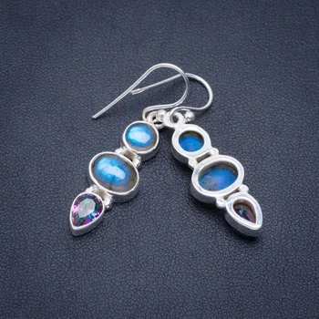 

Natural Labradorite and Mystical Topaz Handmade Unique 925 Sterling Silver Earrings 1.5" A2577