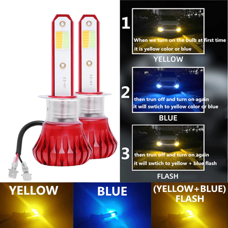 2 Adet H7 LED Araba Sis Farlar Ampuller H1 H3 H11 HB3 HB4 ift Renkli 