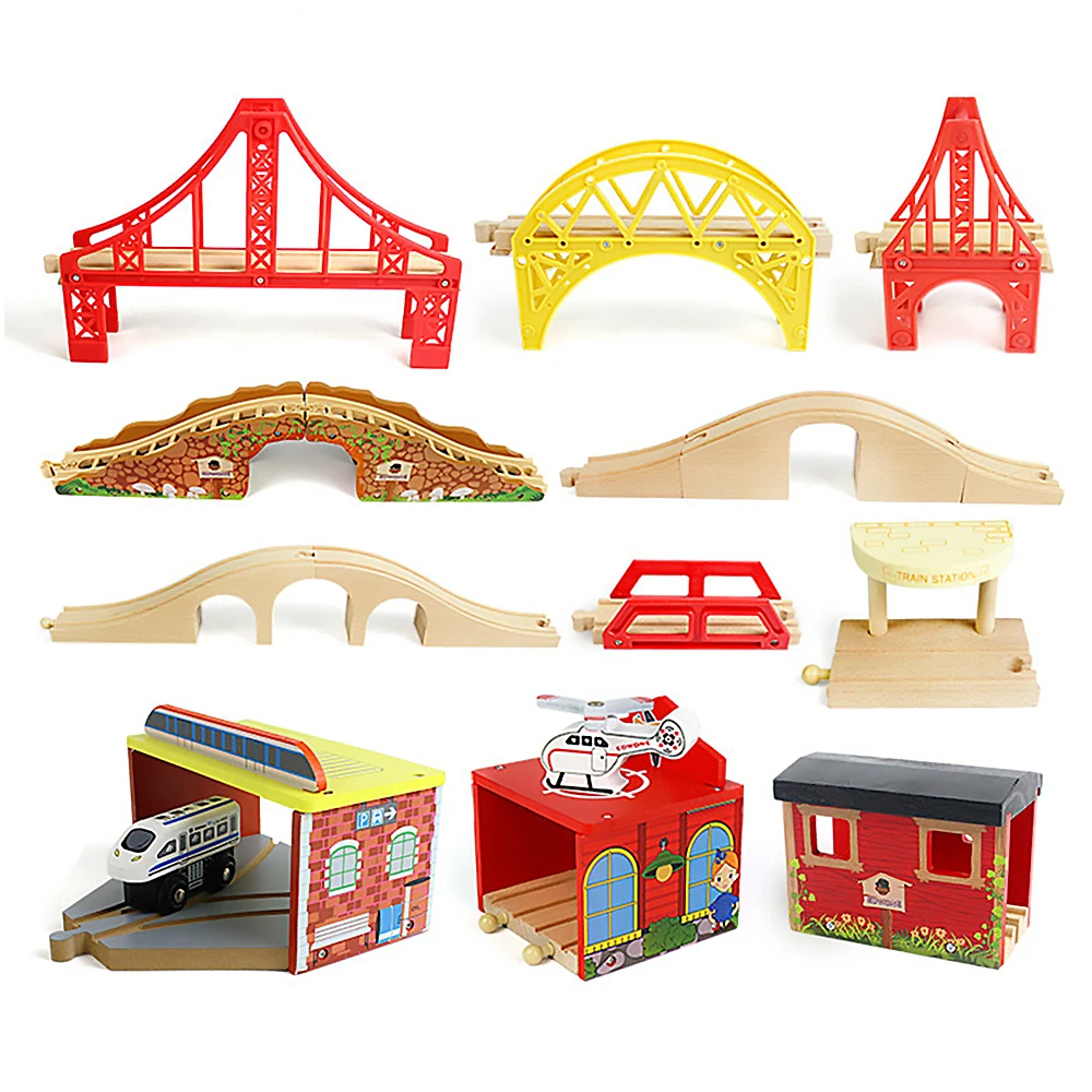 Wooden toys DIY Wooden Bridge Tunnel Urban Rail Overpass Traffic Car Toy Scene Combined Train Rail Track Wooden Accessories Beech Turntable