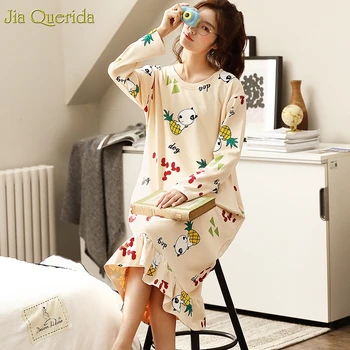 

Nightwear Womens Nightgown Sleepwear Cotton Long Sleep Dress Korean Loose Size Style Sleeping Lingerie Dressing Gown Sleepshirts