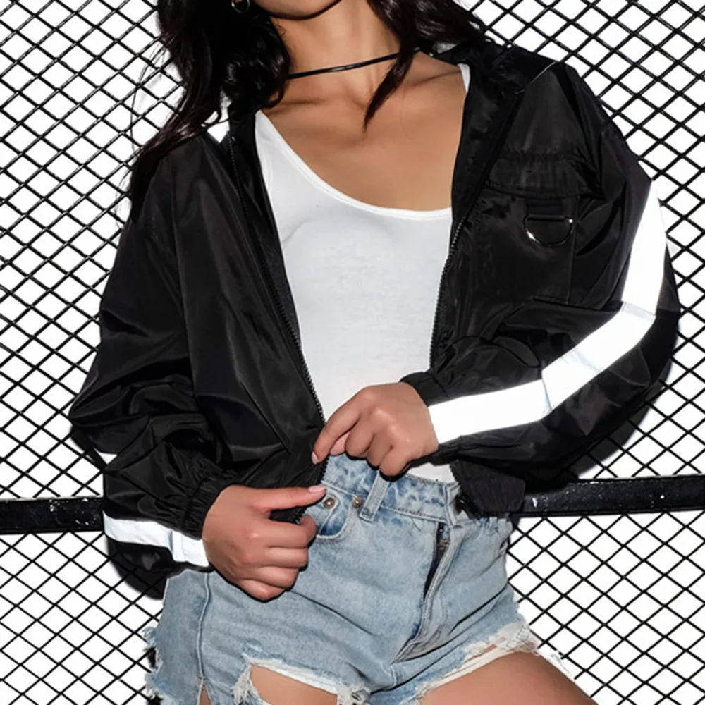 

Autumn Winter Women's Short Casual Jacket New Arrival Women Flash Strip Short Metal Pocket Zipper Sexy Hooded Jacket Streetwear
