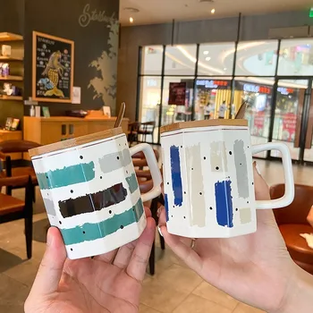 

310ml Creative Ceramic Mug with Spoon Wooden Lid Personality Breakfast Mug Nordic Style Polygon Art Student Ceramic Mug Cup