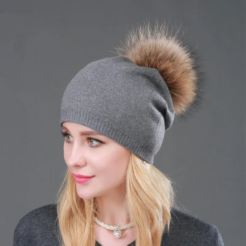 

2019 Winter Women's Wool Beanie Hat Casual Knitted Cashmere Slouchy Beanie with Raccoon Fur Autumn Pompom Balls Skullies&Beanies