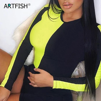 

Neon Green Feminino Bodysuits Romper Club Sexy Patchwork Skinny Body Top Women Bodysuits Overalls Macacao Autumn Bodysuit GV008