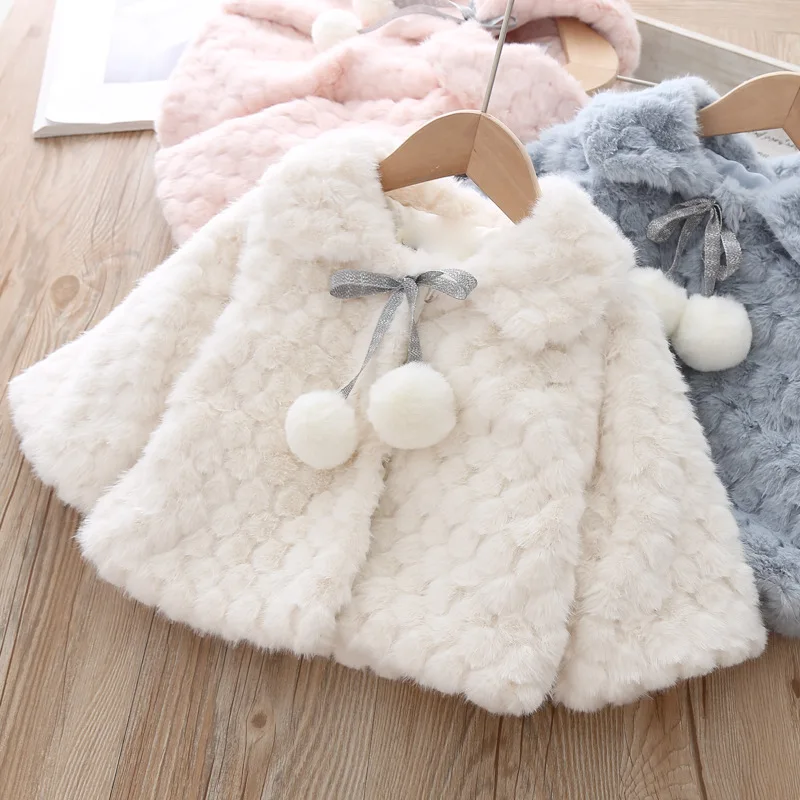 

Korean Style Girls Outerwear Wholesale Winter and Autumn Children Kids PrincessLeather-like Warm Coat with Cherry Ball