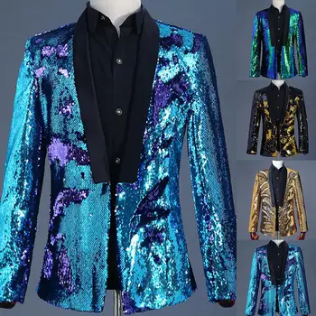 

Stylish Men Solid Color Long Sleeve Shiny Reversible Sequins Stage Party Blazer