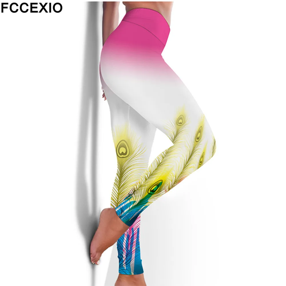FCCEXIO High Waist Fitness Elastic Leggings Peacock Bird Feather 3D Print Sexy Plus Size Leggins Casual Workout Sport Pants amazon leggings