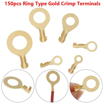 

150pcs/set Durable Gold Color Crimp Terminals Non-insulated Assortment Kit 3.2mm-10.2mm Cable Lug Wire Connectors Butt Ring